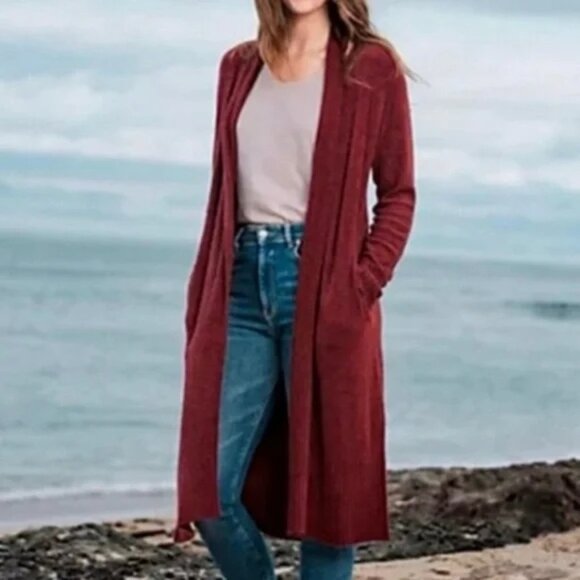 Barefoot Dreams Catalina Long Cardigan Sweater M CozyChic Lite Open Front Red - Picture 2 of 10